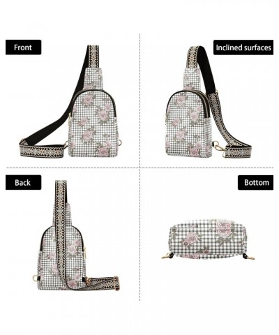 Floral Plaid Print Women Sling Bag with Adjustable Strap Zipper Closure, PU Leather Water Resistant Crossbody Bag Purse Chest...