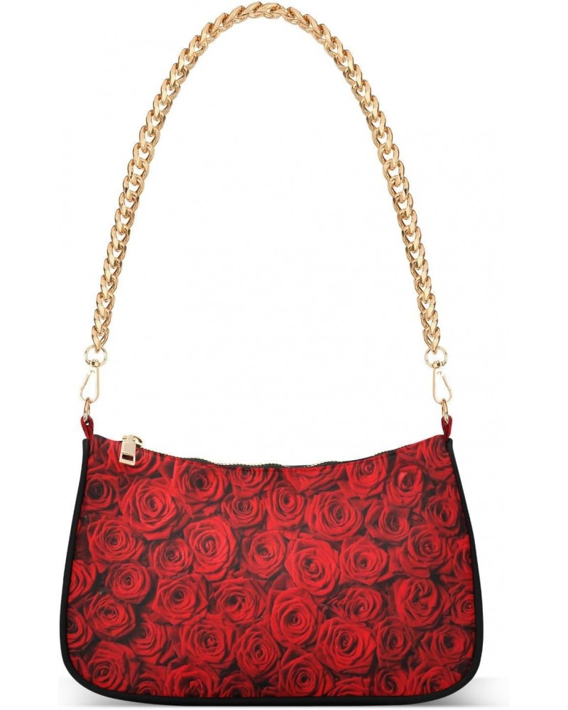 Romantic Red Roses Shoulder Handbags for Women Travel Hobo Tote Handbag Women Gold Chain Shoulder Bags Purse with Zipper Clos...